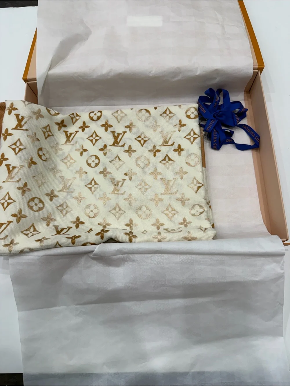 Louis Vuitton Cream and Gold Monogram Tag Detail Scarf - Picture 8 of 13
